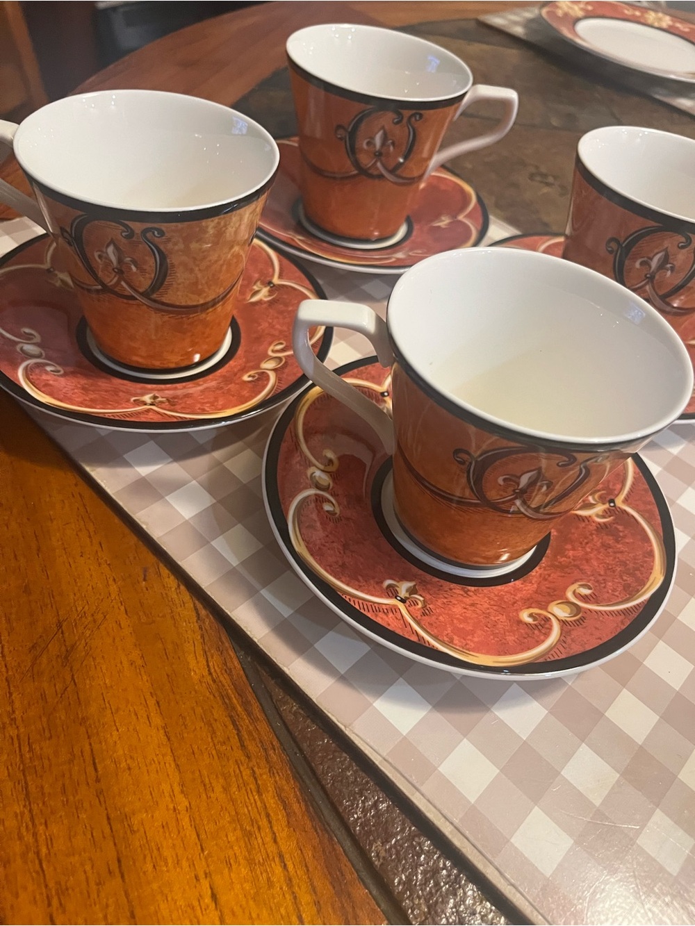 Elegant Red Gold Accent Porcelain Teacup and Saucer Set of (4)